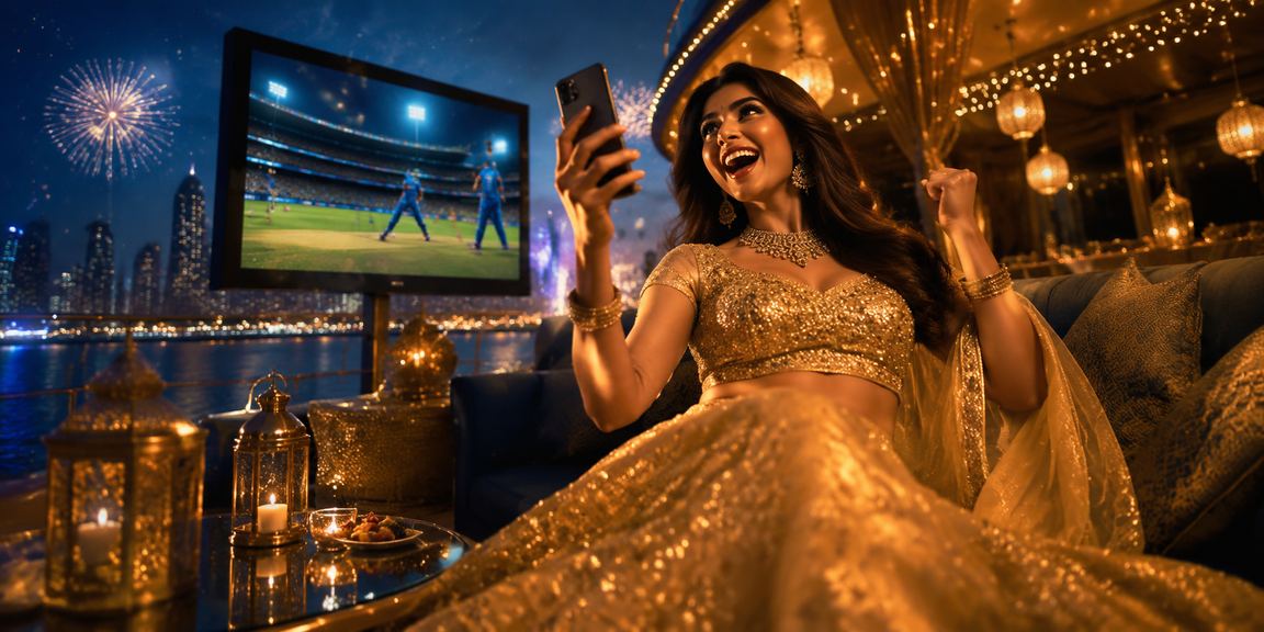 Indian cricket fan betting live on mobile with traditional attire