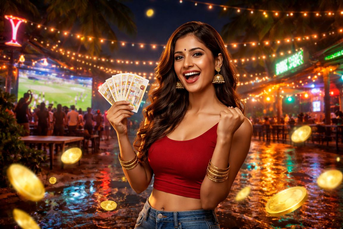 Lottery players celebrating at an Indian beach with tickets and smiles